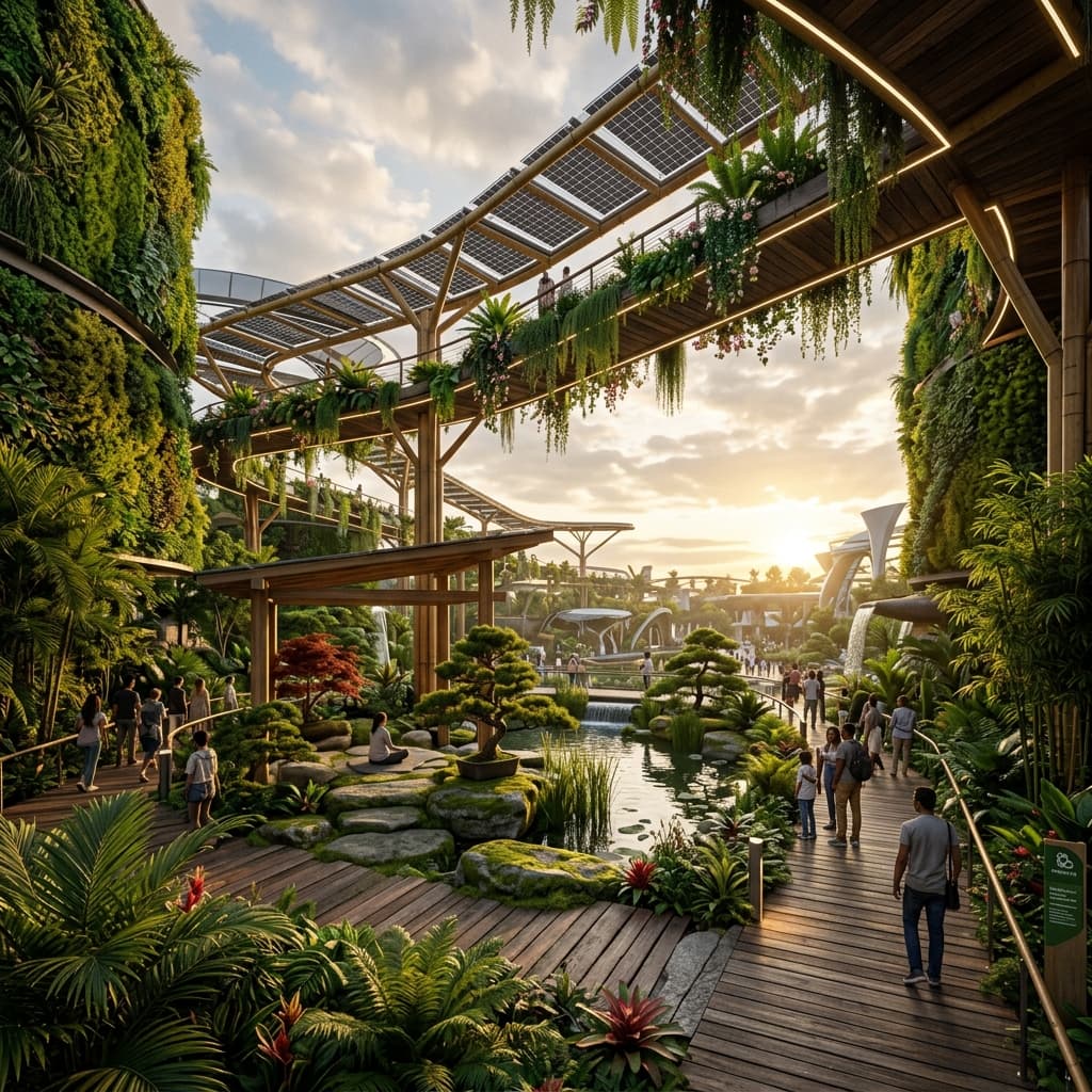 Jardins e passarelas sustentáveis da zona do novo